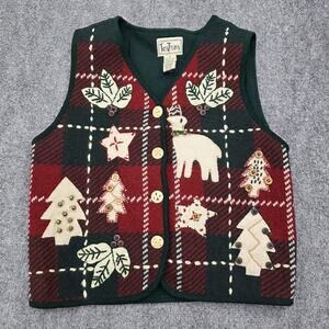 Christmas Sweater Vest Womens Medium Green Red Plaid Reindeer Trees TanTrums VTG